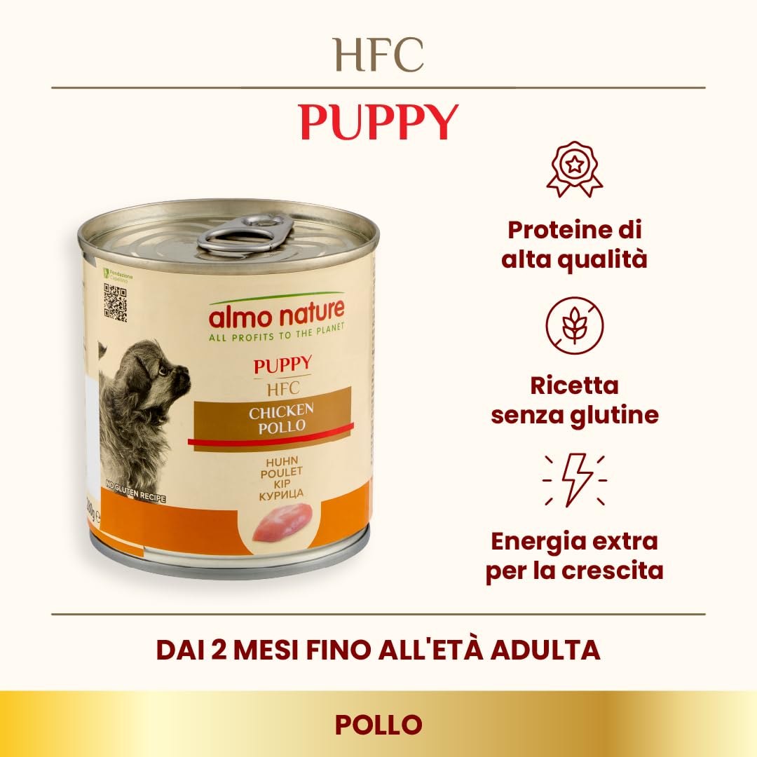 Almo Nature HFC Puppy - Alimento Umido per Cuccioli - Pollo - Qualità Human Grade, Senza Glutine, Monoproteico - 280g, Confezione da 12