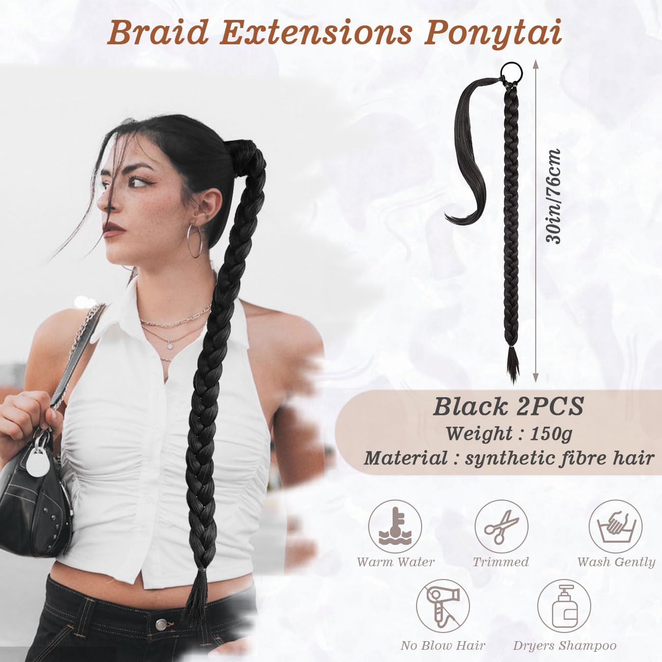 2 PCS 76 cm Estensioni intrecciate Coda di cavallo con elastico Cravatta, treccia lunga Accessori Parrucca Posticci Capelli lisci naturali Ponytail finta sintetiche Donne Quotidian, Nero