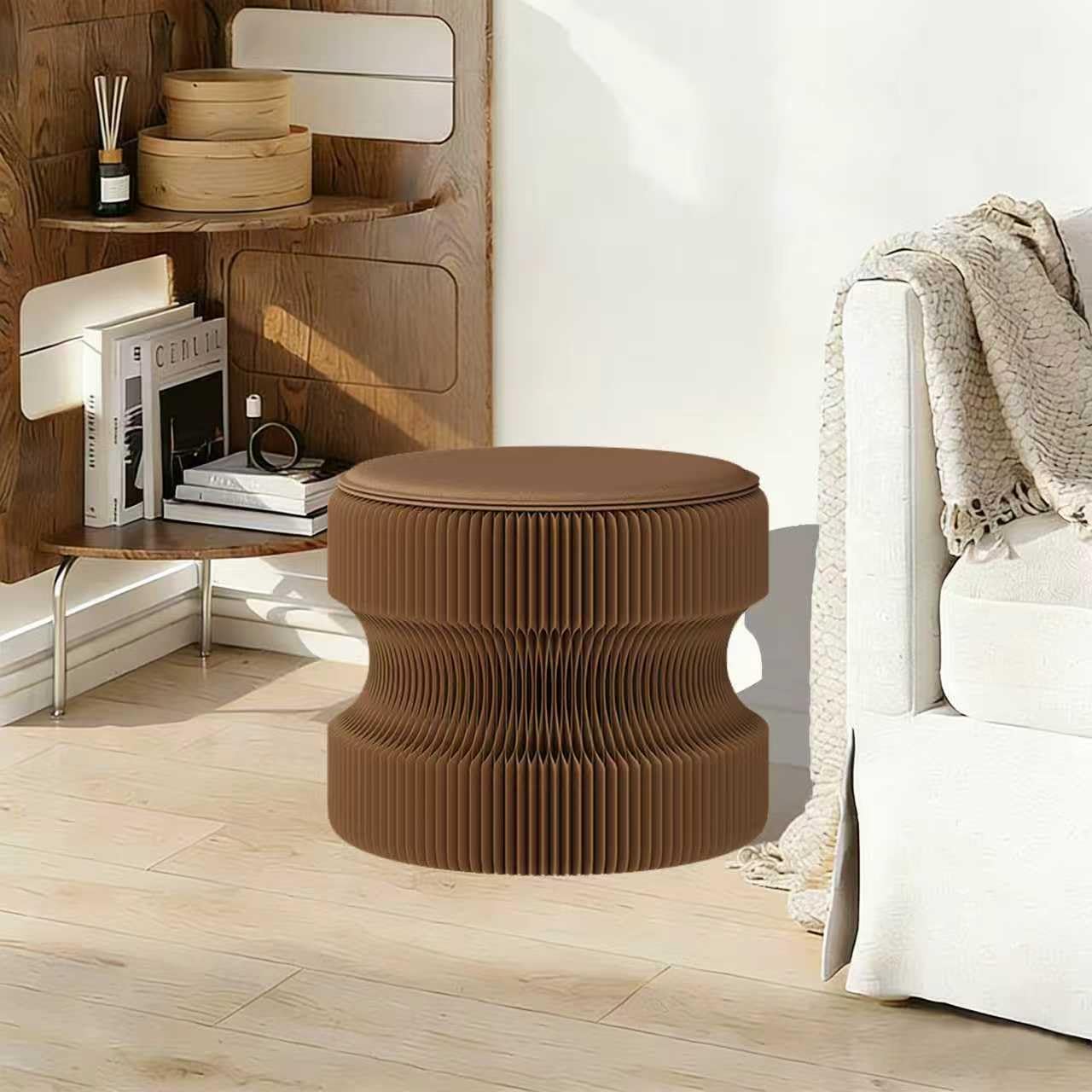 Folding Stool - 15.7 inch Folding Stool & Made of Kraft Paper- Eco-Friendly Honeycomb Design, Foldable on 3 cm Folding stools Round bar Stool Pedal Stool Piano Stool (Brown, 11.8in)