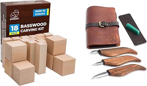BeaverCraft BW18 piezas de bloques de tallado de tilo S15X Juego de cuchillos de tallado de madera con estuche de cuero