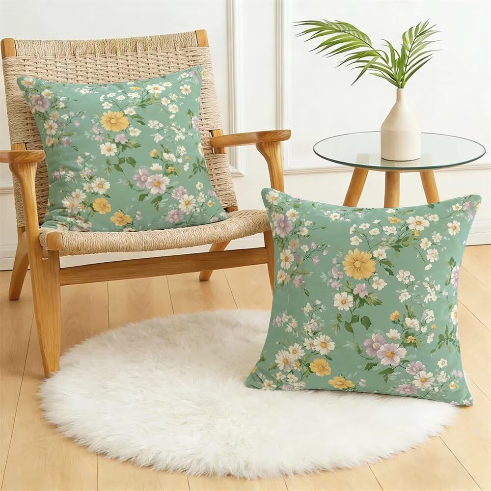 Federe Cuscini Divano 65x65 cm Federe Morbido Copricuscini Verde Chiaro in Velluto, 2 Pezzi Copri Cuscini per Divano Primavera Decorativi Federa Cuscino Floreale per Camera da Letto Soggiorno (IU93)