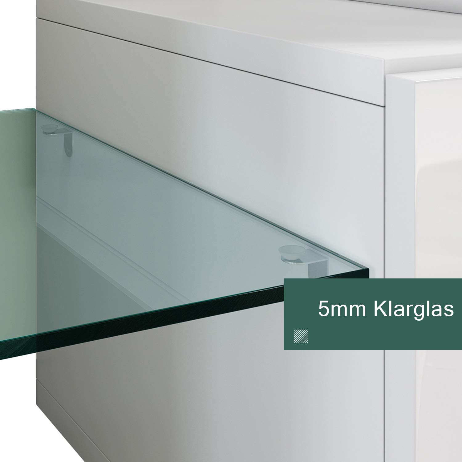 SONNI Meuble TV moderne de 160 cm, blanc brillant avec éclairage LED, tiroir, étagères en verre ouvertes, pour TV jusqu'à 65" salon et chambre à coucher, 160 x 35 x 45 cm