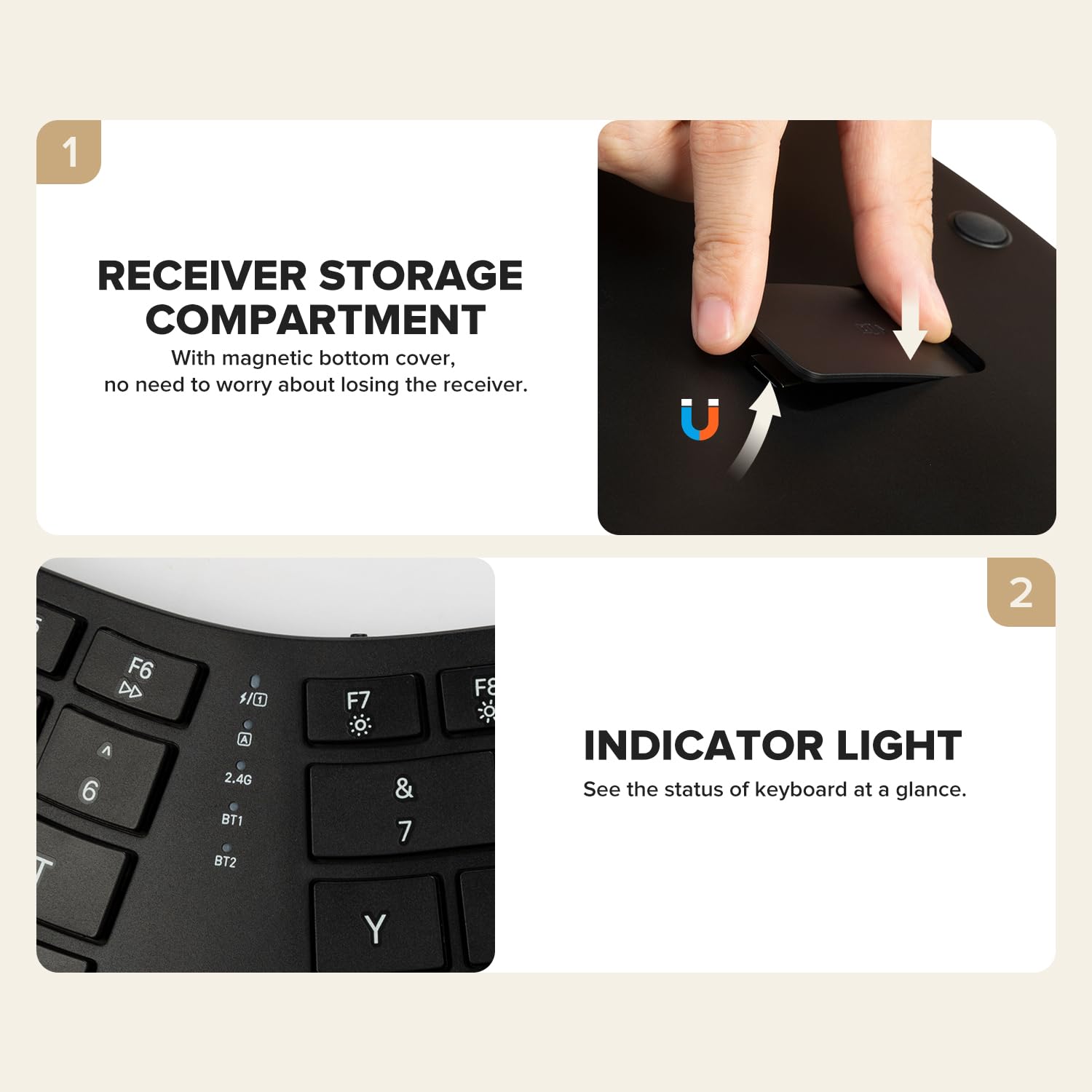 (Upgraded) DELUX Ergonomic Wireless Keyboard w Cushioned Wrist Rest, Wave Keys, 2.4GHz & Bluetooth Connection, Full Size Wireless Rechargeable Computer Keyboard for Windows, Mac OS, Laptop, PC (GM909) — view 7