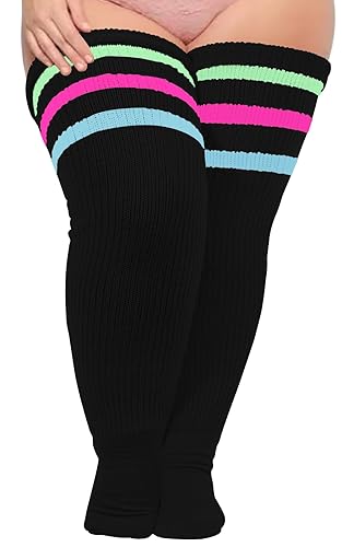 Plus Size Womens Thigh High Socks for Thick Thighs- Extra Long Striped Thick Over The Knee Socks- Leg Warmer Boot Socks - Large Plus - Black & Green & Pink & Blue