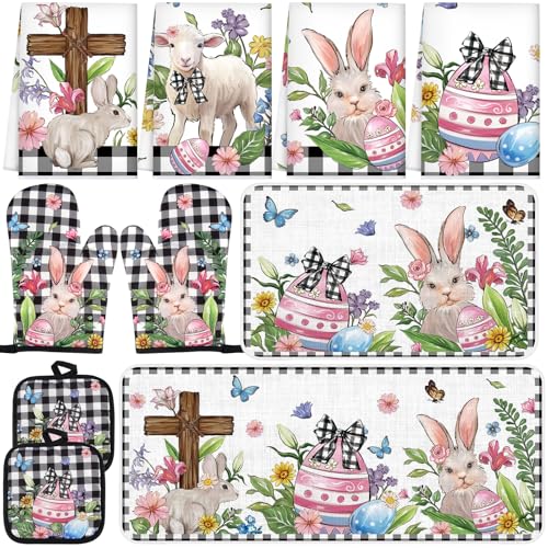 snaxuda 10 Pcs Kitchen Decor Set Bunny Kitchen Towels and Rugs Oven Mitts Pot Holders Absorbent Towels for Baking Cooking BBQ Gifts Home Decor Easter - image 1