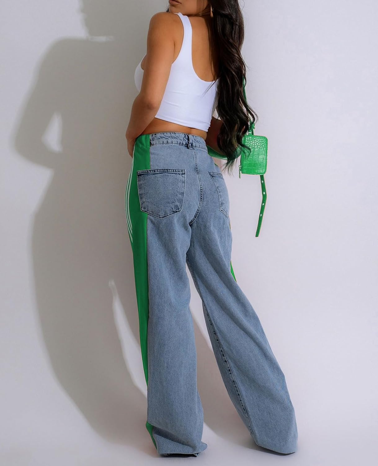 MGCPTN Womens Jeans High Waisted Wide Leg Striped Patchwork Color Block Stretchy Loose Straight Denim Pants - Image 2