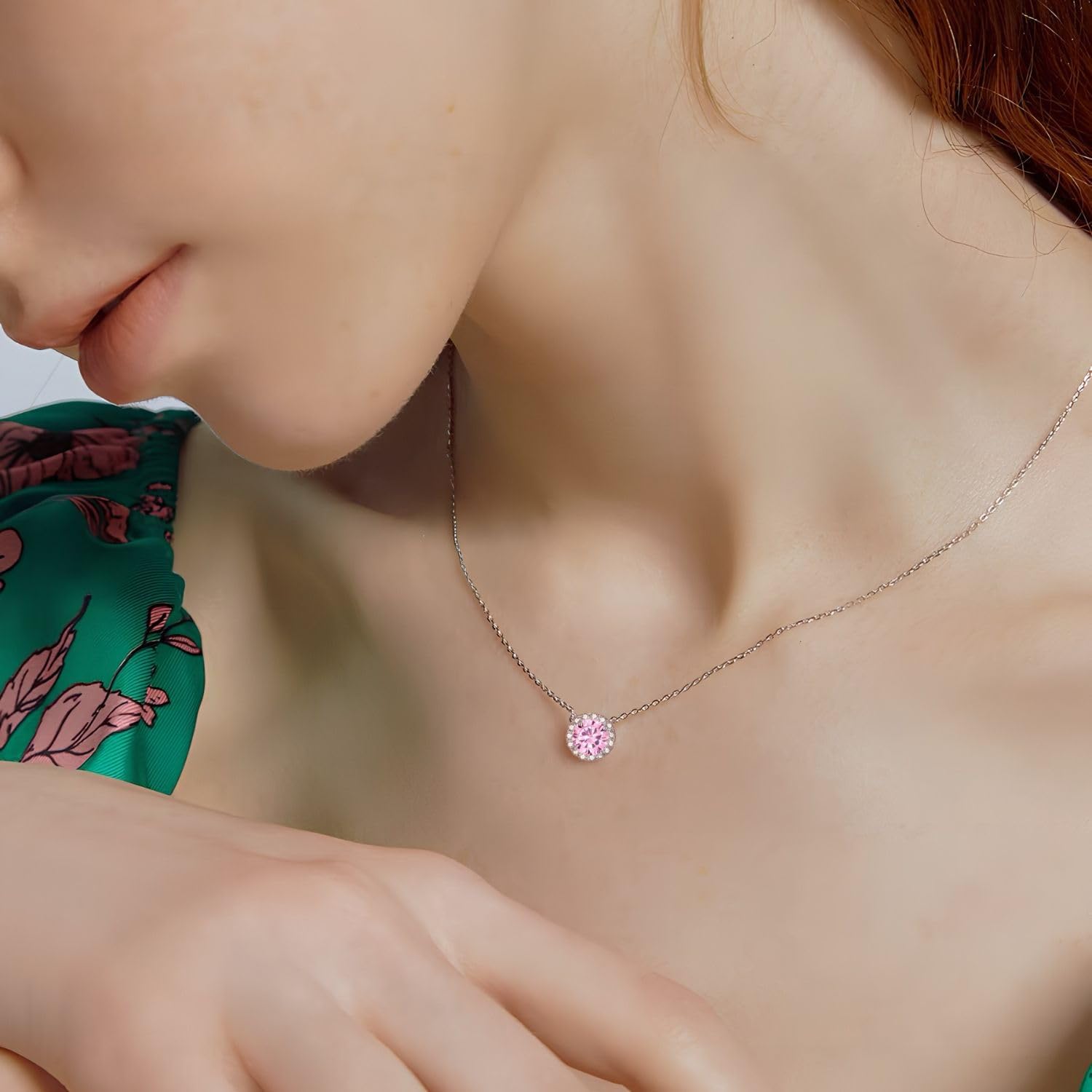 Sterling Silver Necklace for Women Dainty Pink Pendant Sparkling Halo Necklace Round Solitaire Pendant Diamond Jewelry Pink - Image 4