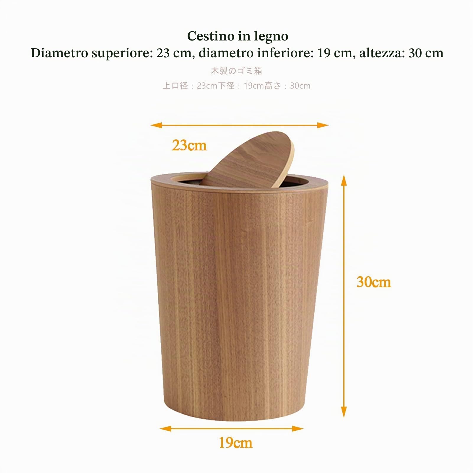 Contenitore per rifiuti da cucina Cestino per rifiuti in legno Cestino per bagno ribaltabile Cestino per carta straccia Cestino per la spazzatura Casa Camera da letto Colore noce Grande pattumiera