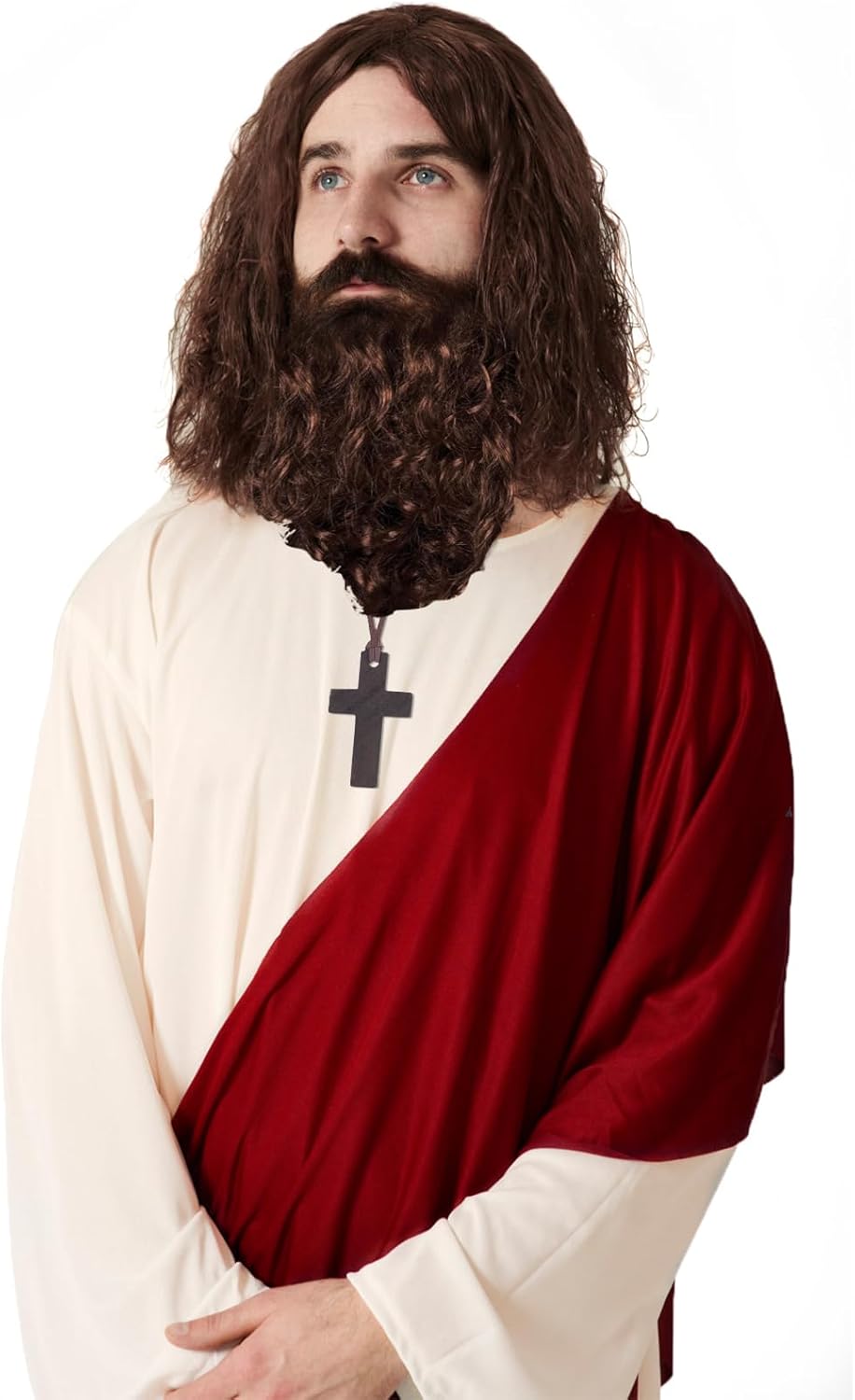 Yewong 4 Pieces Adult Jesus Costume Accessories Set - Beard, Wig, Shawl, Waist Rope and Cross Necklace for Halloween Christ Cosplay - Image 5