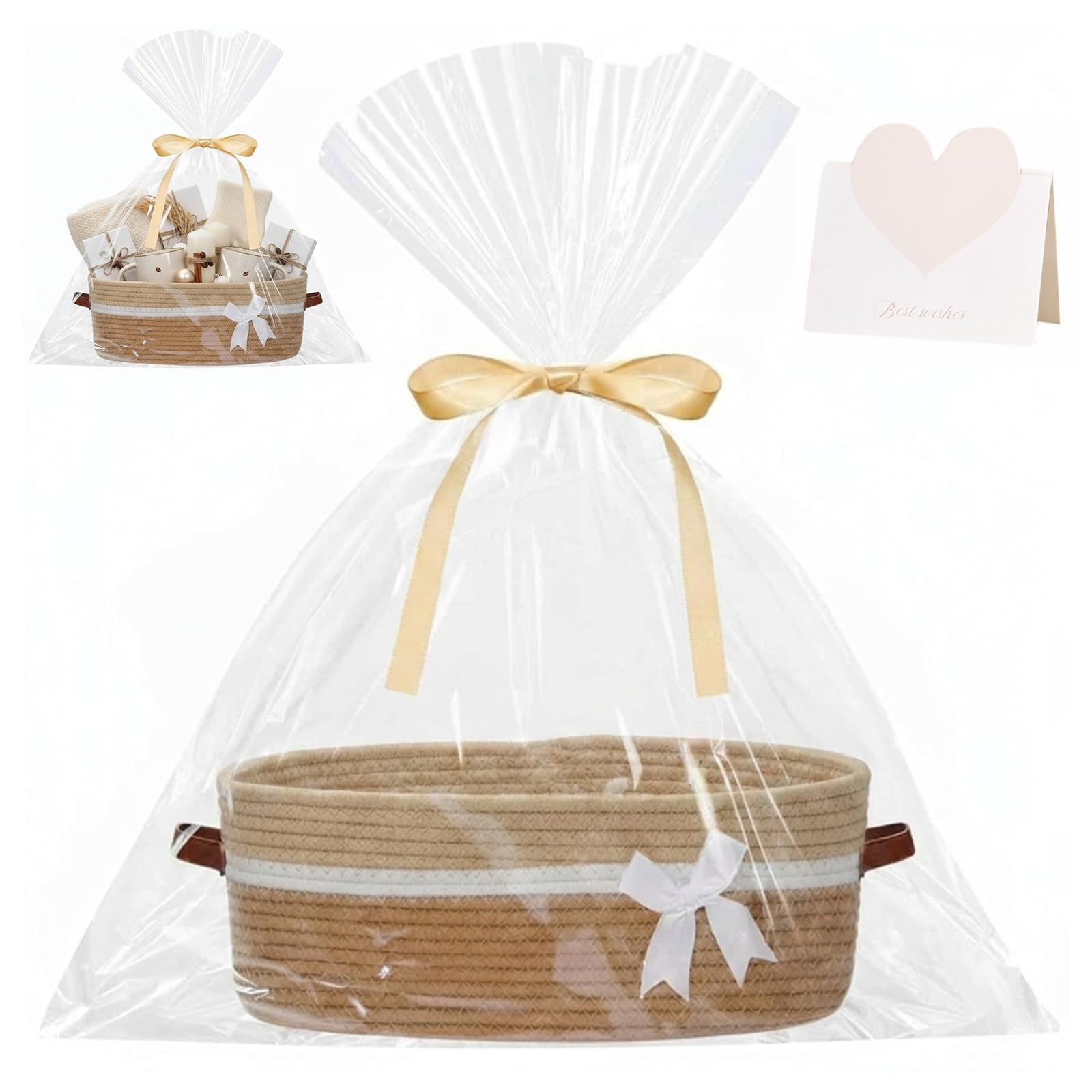 Woven Storage Baskets, Soft Foldable Cotton Rope Laundry Basket with PU Leather Handles, Toy Storage Organiser for Nursery, Kids Room & Bedroom - Gift Hamper Set with Gift Bag, Ribbon & Card - Khaki