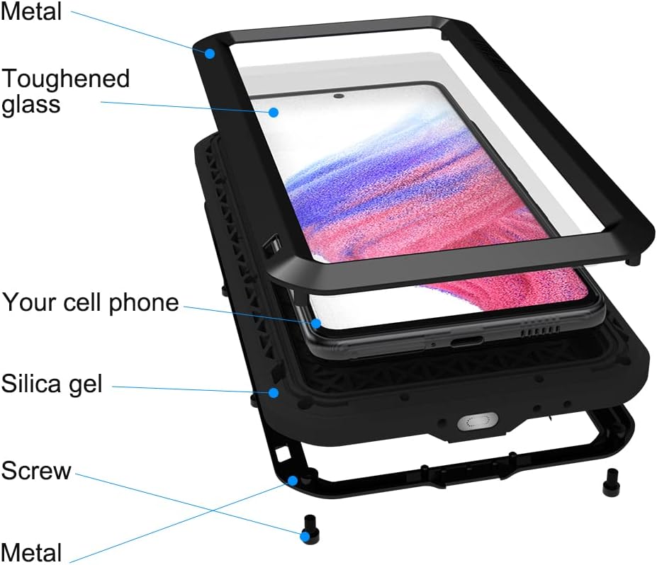 Military Rugged Case for Samsung A53, with Tempered Glass Screen Protector, Shockproof Dustproof Scratch Proof, Hybrid Metal and Silicone Gel, Heavy Duty Full Body Cover (Black)