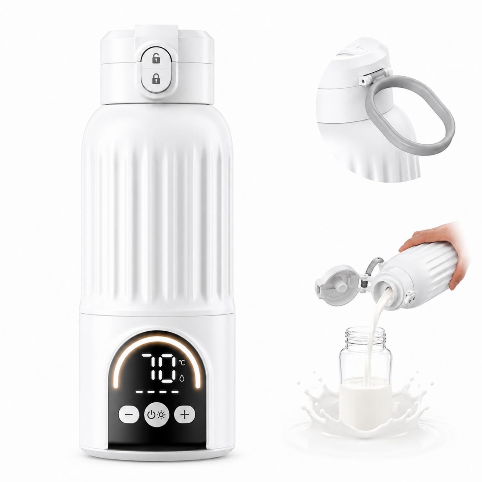Tragbarer Flaschenwärmer Baby für unterwegs, 500 ml Flaschenwärmer mit 12000 mAh Akku, 140 W Schnellaufheizung, 316 Edelstahl, 11 Temperaturstufen, für Muttermilch und Wasser, Weiß