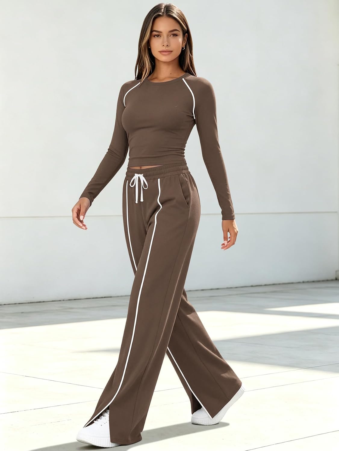 Women 2 Piece Outfits Long Sleeve Wide Leg Pants Travel Lounge Set