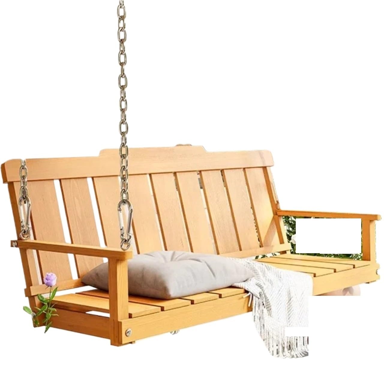 Wooden Swing Bench Unch-free Patio Swings Indoor Double Balcony Hanging Basket Chair Leisure Area Garden Courtyard Swing(150CM Wood-Chain 5m)