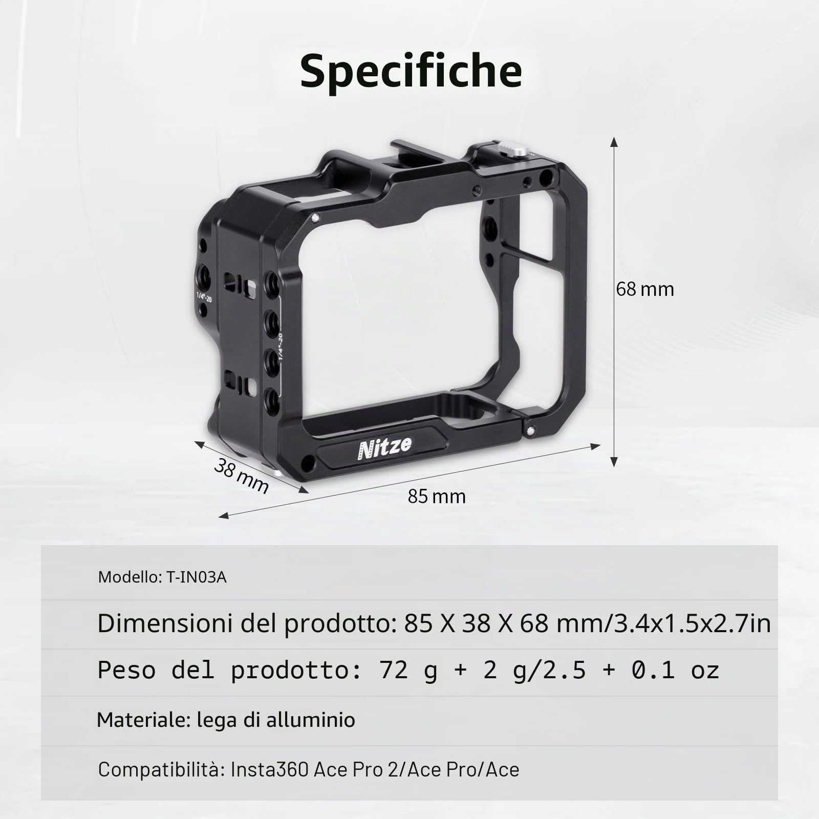 Nitze Gabbia per Insta360 Ace Pro 2/Ace Pro/Ace, Gabbia in Alluminio Verticale Orizzontale per Videocamera con Interfaccia Magnetica e Cold Shoe per Luce Video a LED - T-IN03A