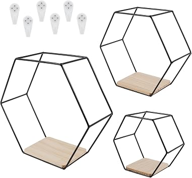 3 Pcs Hexagon Floating Shelves Wall Decor, Wall Mounted Floating Hexagon Shelves, Modern Metal Wall Shelf, Geometric Hexagon Shaped Mounted Floating Shelves for Bedroom Bathroom Black