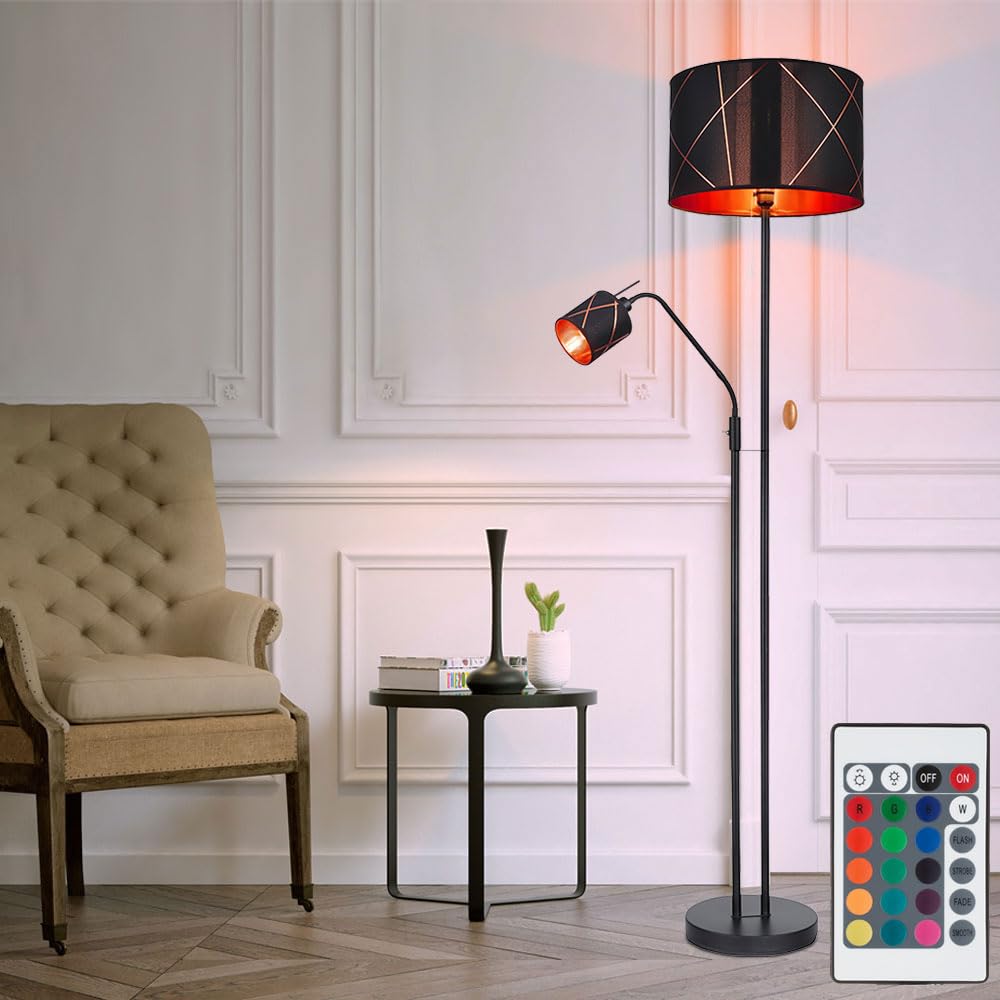 LED Stehleuchte mit Leselampe Deckenfluter dimmbar mit Fernbedienung, RGB Farbwechsel, Metall Textil schwarz gold, Leseleuchte flexibel, 1x 8,5W 806lm 1x 4,8W 470lm warmweiß, DxH 40x175 cm