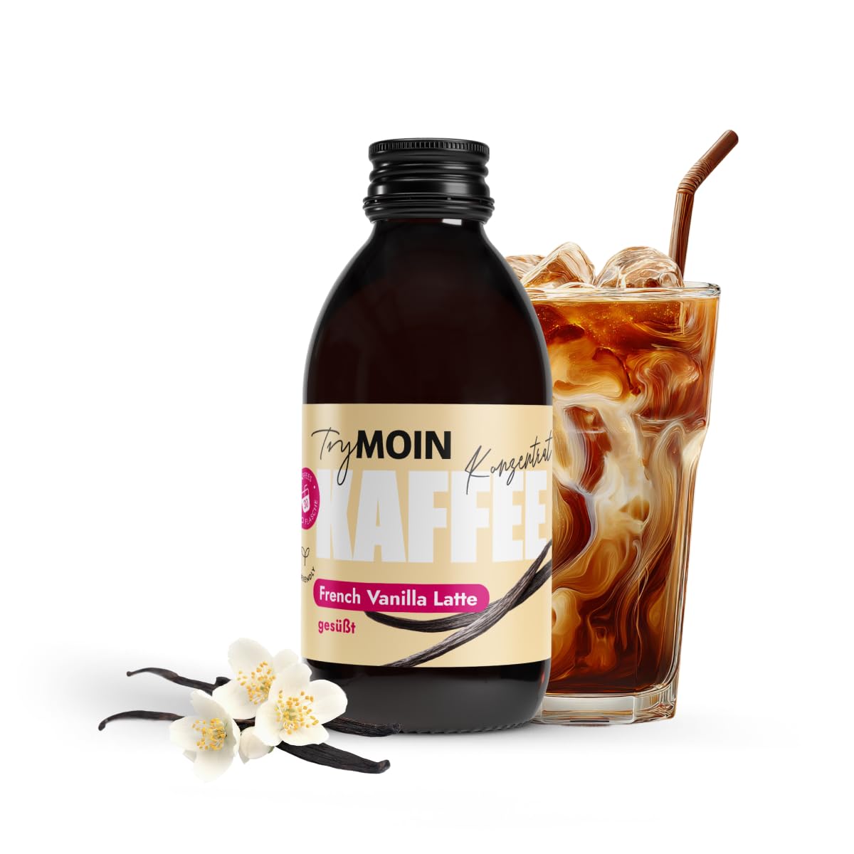 TryMOIN Vanilla Latte – Kaffeekonzentrat mit Vanille-Sirup für Iced Coffee, Cappuccino, Frappé & Latte | mit Bio-Fairtrade Kaffee, 30 Portionen pro Flasche
