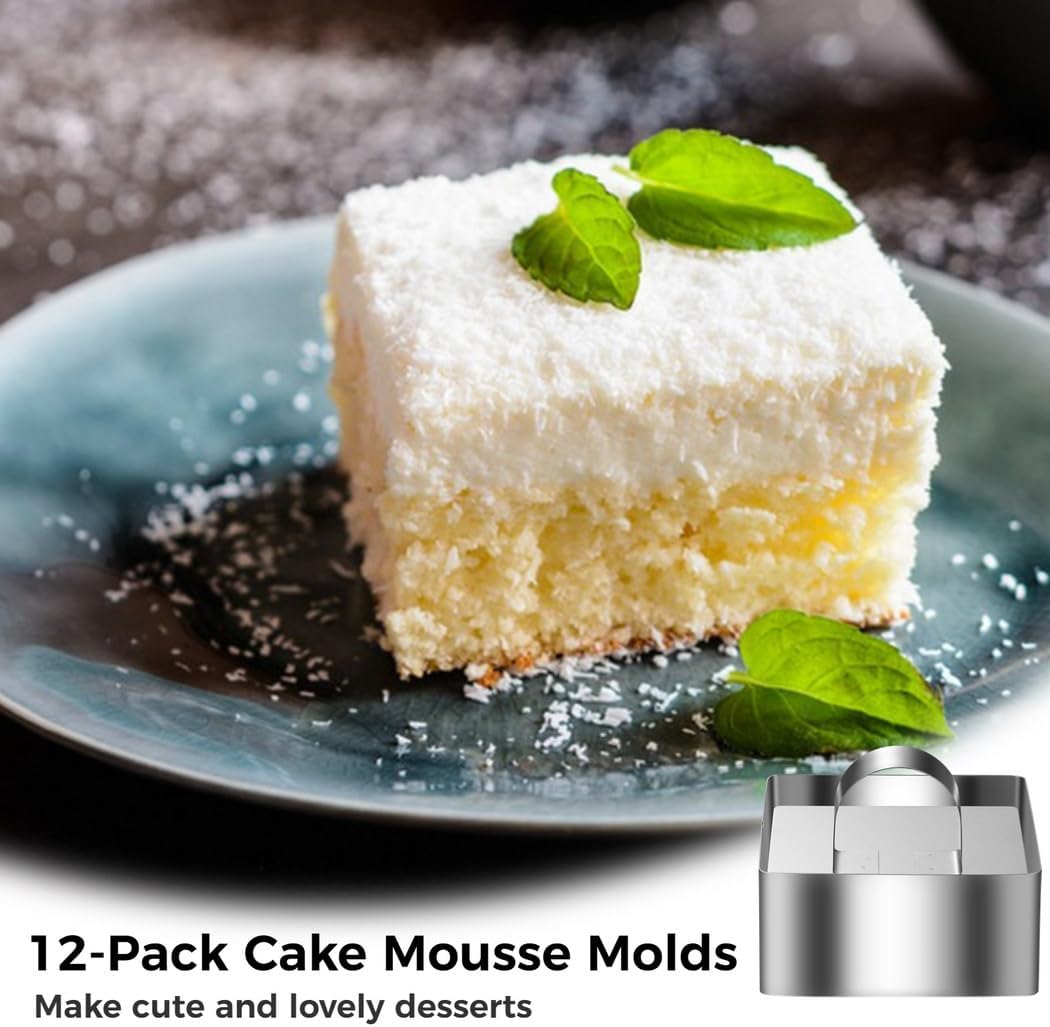 Stainless Steel Cake Ring Molds Set Of 12, Square Mousse Molds With Pusher For Baking Biscuits And Desserts, 3.15In X 1.46In