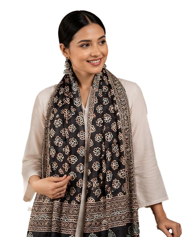Women's Ajrakh Batik Hand Block Print Pure Mul Cotton Scarf/Stole (22"x72")-image-29