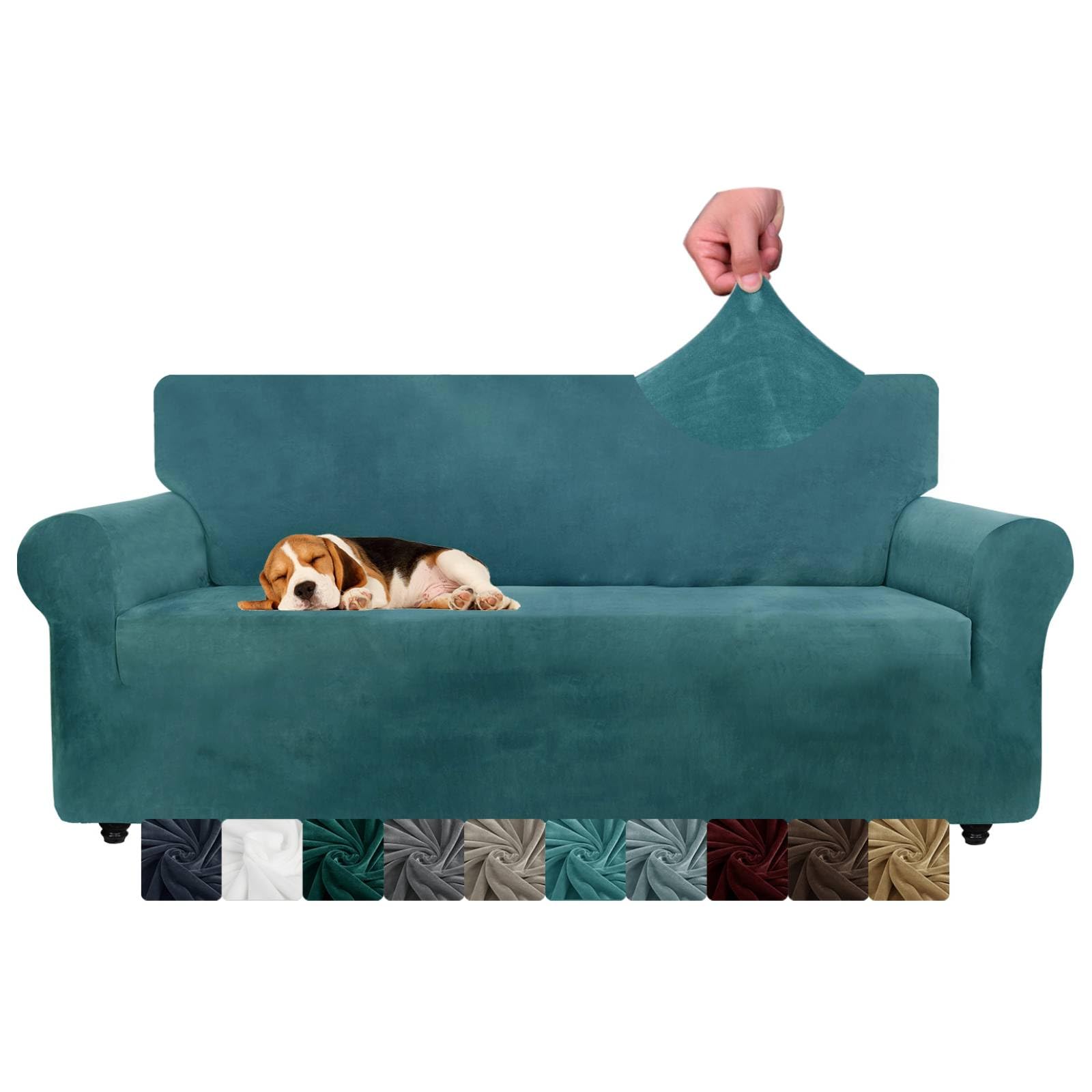 CHELZEN Velvet Couch Covers 3 Seater Thick Stretch Sofa Covers for Dogs Pets Non-Slip Sofa Slipcover Washable Furniture Protector for Living Room (3 Seater, Peacock Blue)