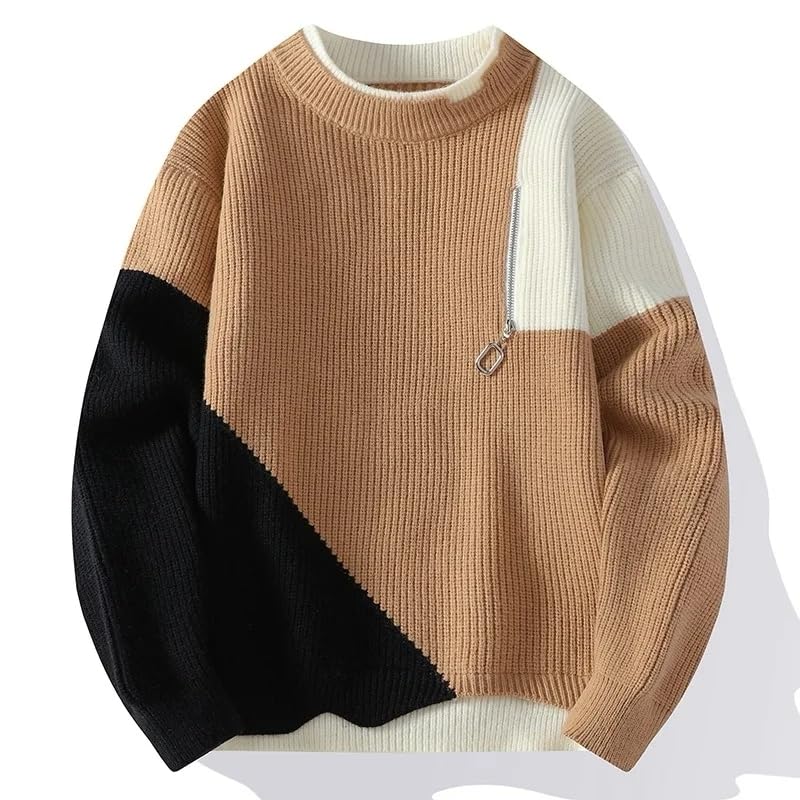 Autumn Winter Thick Warm Men's Knit Sweater O-Neck Patchwork Loose Knitted Pullovers Men Streetwear4