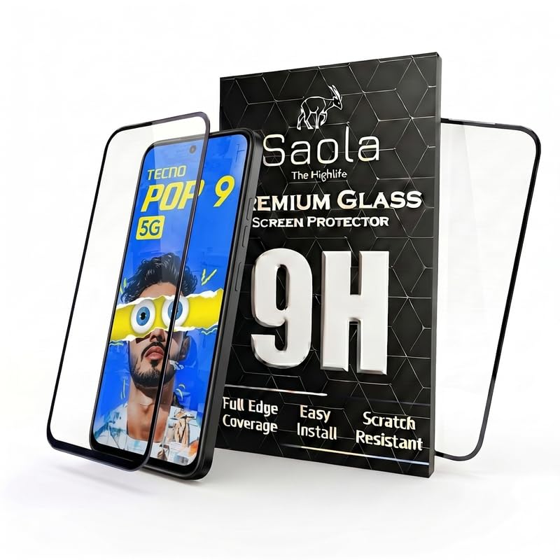 Image of Saola HD Clear Tempered Glass for Tecno Pop 9 5G | High Strength 9H Protection, Smooth Touch, Full Coverage Screen Guard, 2-Step Installation Kit | Quick & Easy Application (Pack of 2)