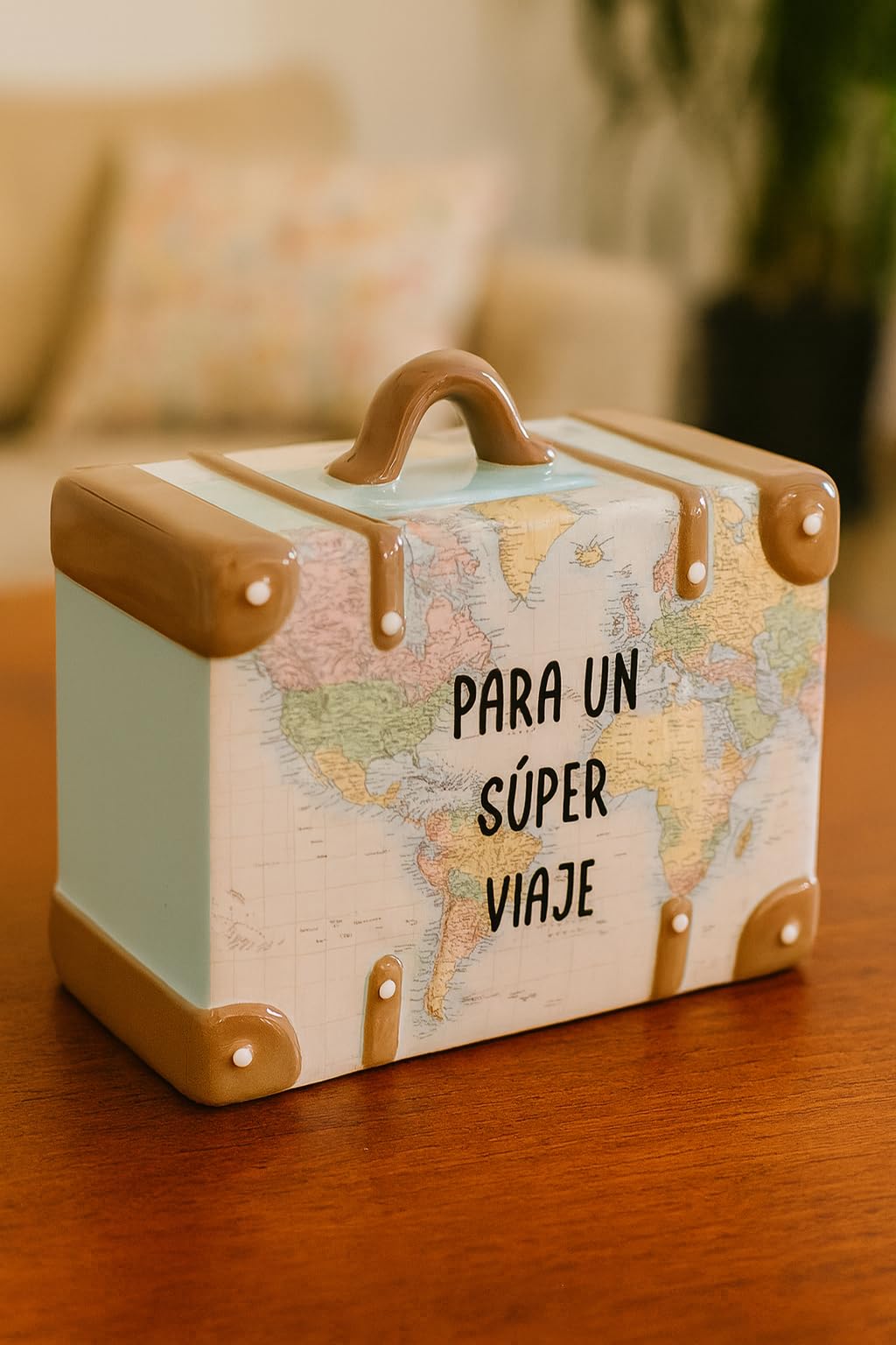 Hucha Decorativa Maleta Ceramica - para un Super Viaje, 14,7 x 13 x 7,1 cm. Hucha con Tapa.