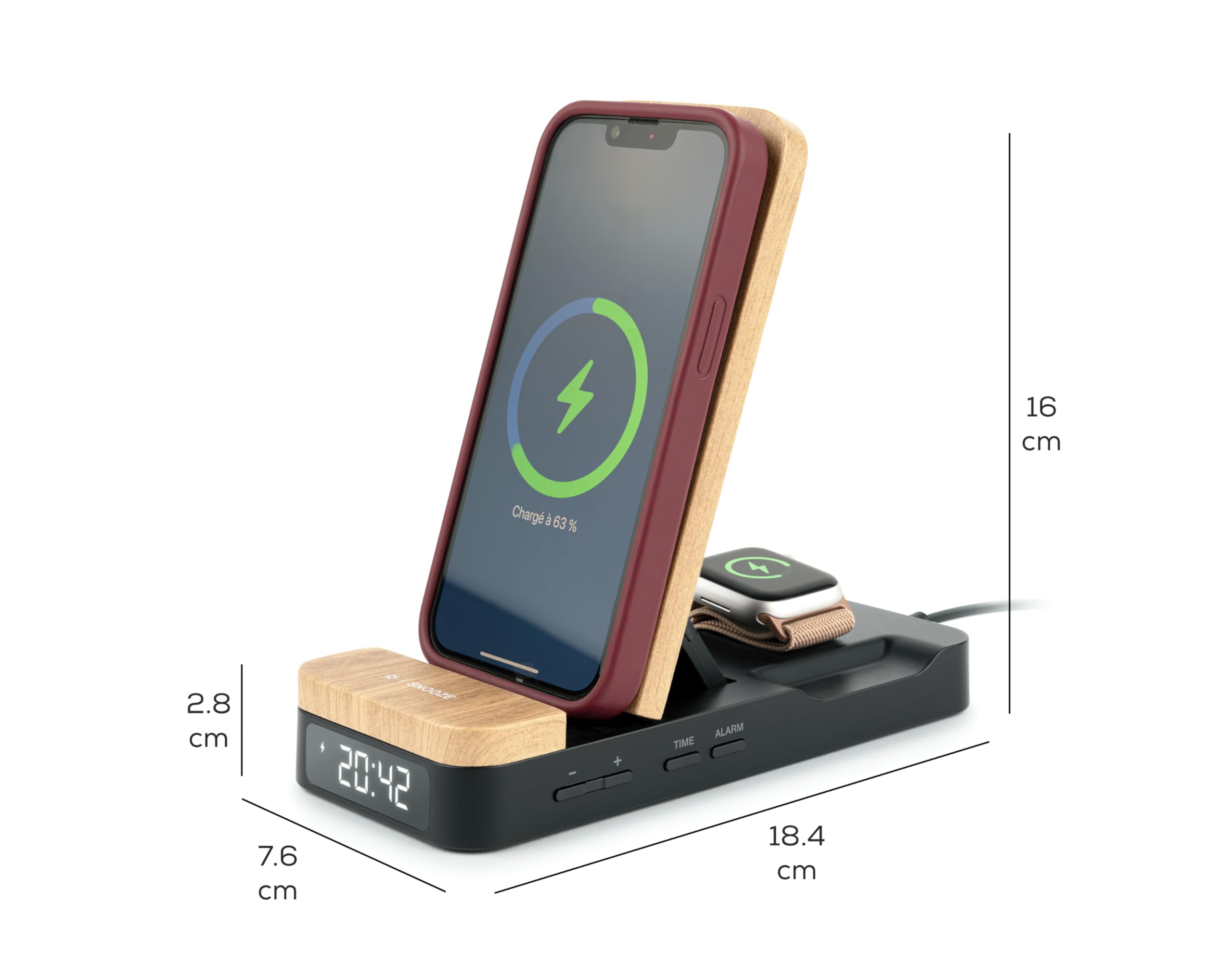 THOMSON Réveil Chargeur Induction 3 en 1 sans Fil 15W, Station de Charge Rapide pour iPhone/Android, Samsung et Apple Watch, Réveil Matin, Support Pliable et Port USB-C. pour Bureau ou Chevet - C850i