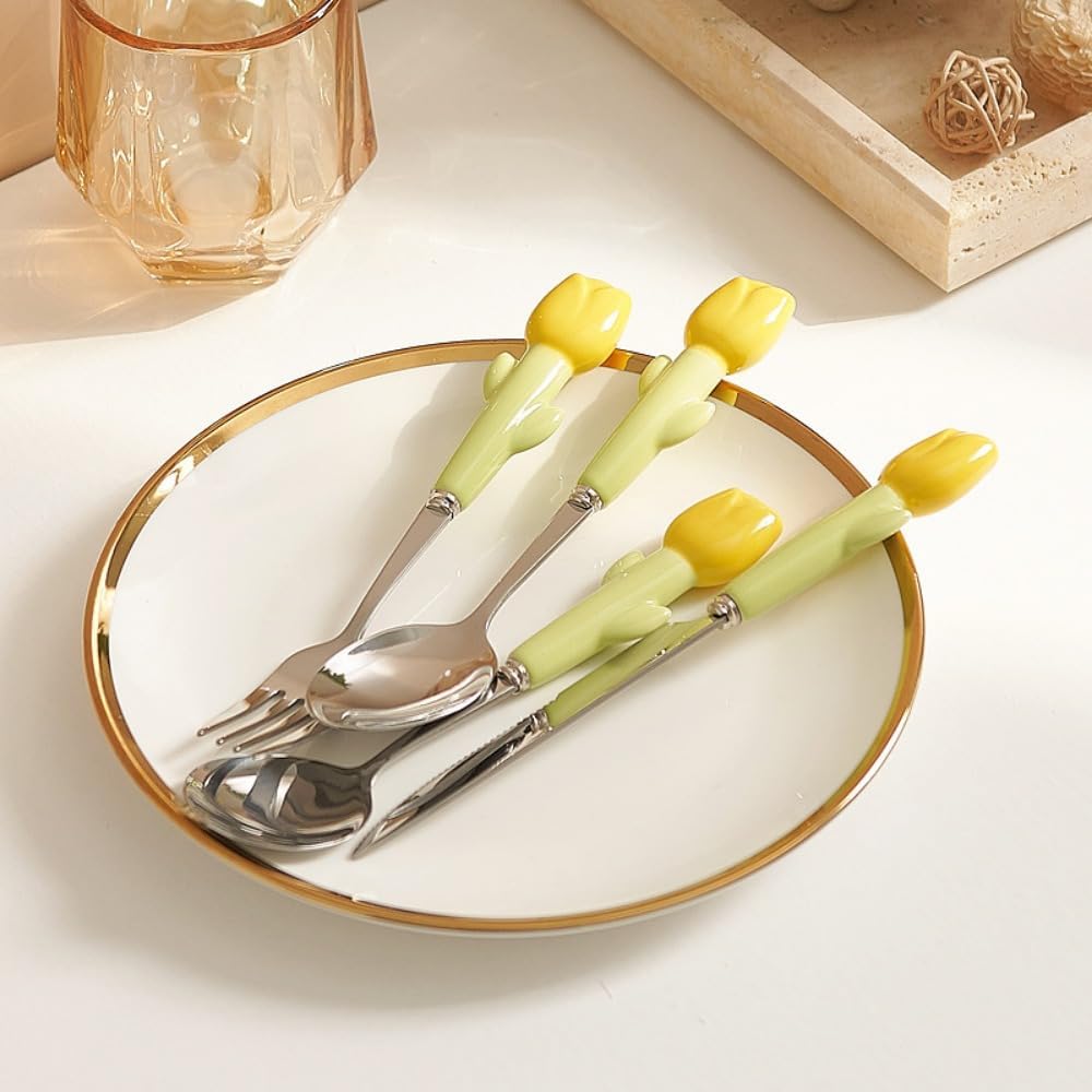 Simple Stainless Steel Knife Fork Spoon Combination Ceramic Handle Steak Knife Kitchen Silverware Tableware Flatware Cutlery Set Teaspoon (Yellow,16 pieces)