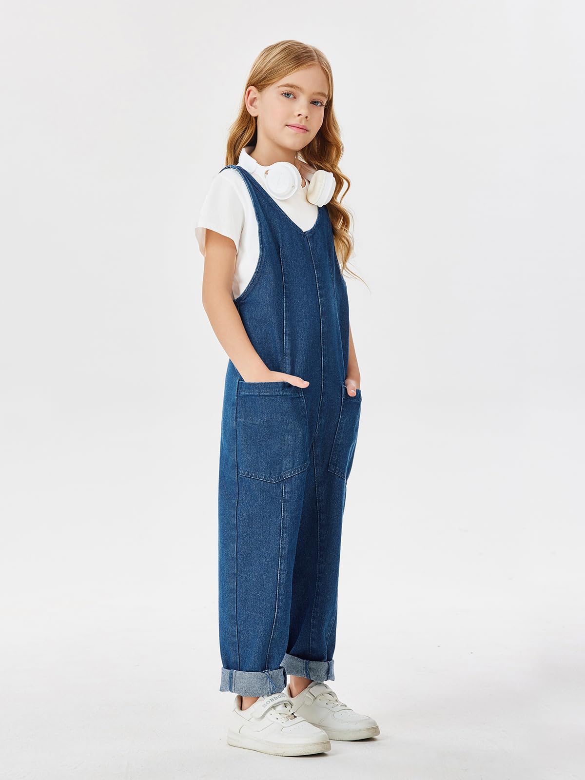 Haloumoning Tuta intera da ragazza in denim senza maniche con scollo a V spalline regolabili jeans pantaloni maglioni con tasche