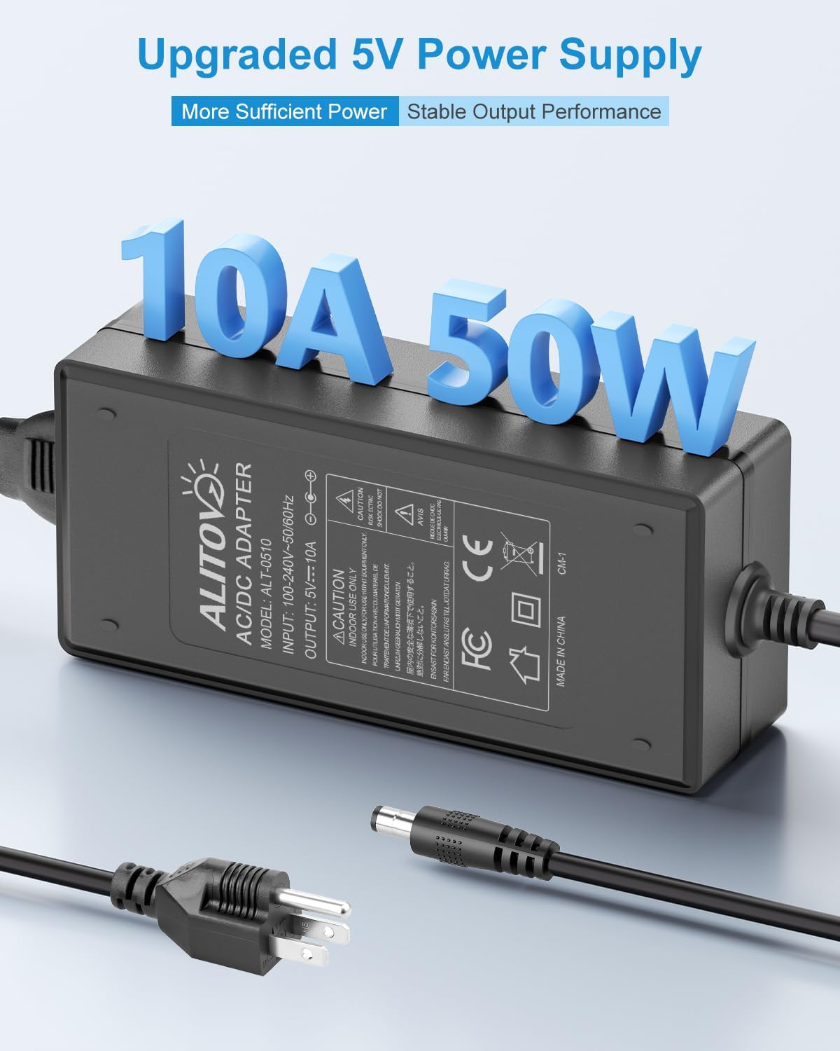 ALITOVE 5V 10A Power Supply 50W Max AC Adapter 100~240V 50-60Hz to DC 5 Volt Power Supply 10 Amp 8A 7A 6A 5.5x2.5mm Plug for WS2812B WS2811 SK6812 LED Pixel Strip Light CCTV Camera Security System