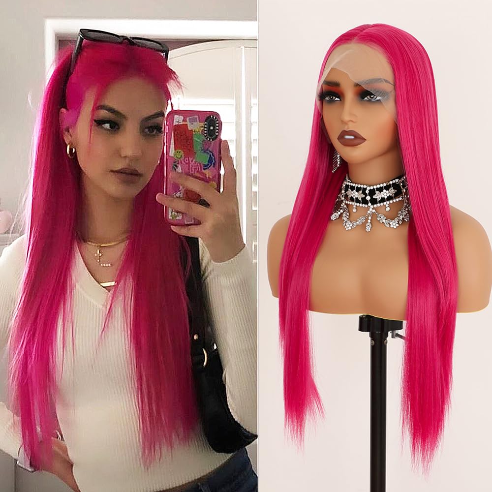 Pink Lace Front Wig Long Straight Hot Pink Wig 180% Density Pre Plucked Wig Natural Hairline Glueless Heat Resistant Fiber Hair Synthetic Lace Front Wigs For Fashion Women