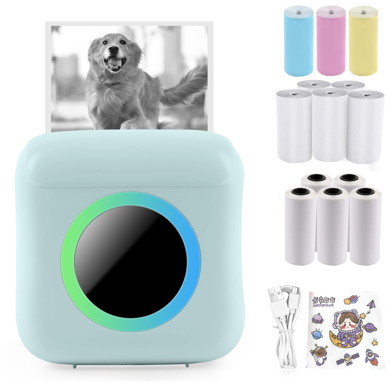 Roadtime Mini stampante fotografica con luce a 7 colori, stampante termica portatile compatibile con iOS e Android, ricaricabile tramite USB, con 1 adesivo e 13 rotoli di carta da stampa (blu)