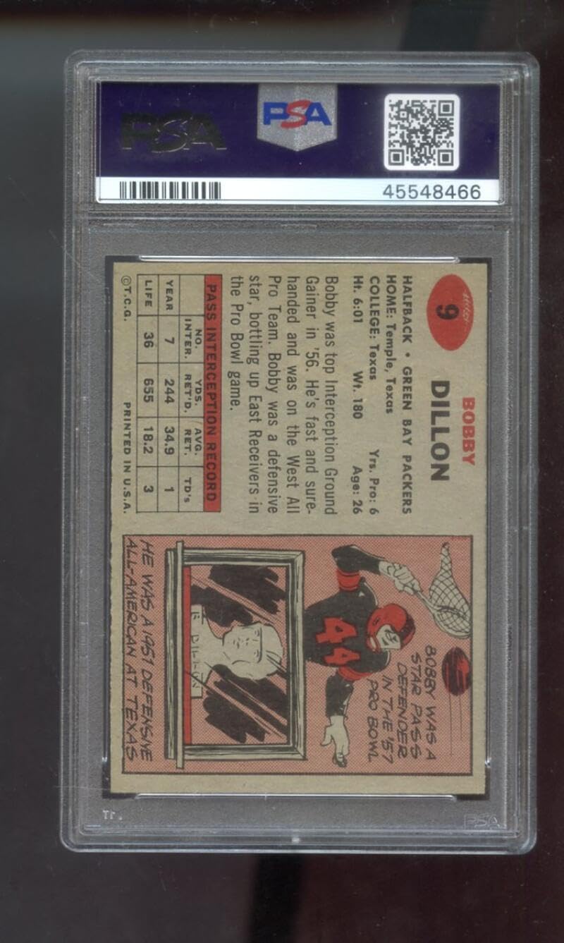 1957 Topps #9 Bobby Dillon PSA 7 Graded Football Card NFL Green Bay Packers