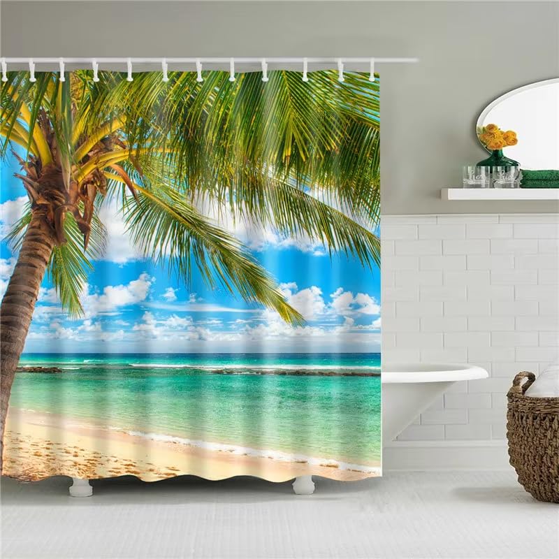 Rideau de douche lavable polyester imperméable 140x210 cm paysage plage 3D