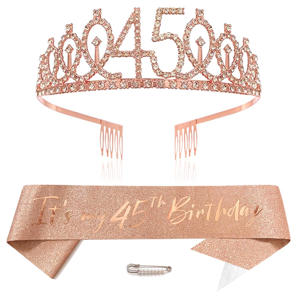 Roségold 45th Geburtstags Krone und Schärpe Mädchen 45. Geburtstag Deko Strass Geburtstag Tiara Prinzessin Krone Queen Tiara Geburtstagsschärpe Girls 45 Geburtstag Dekoration Party Kleidung Zubehör