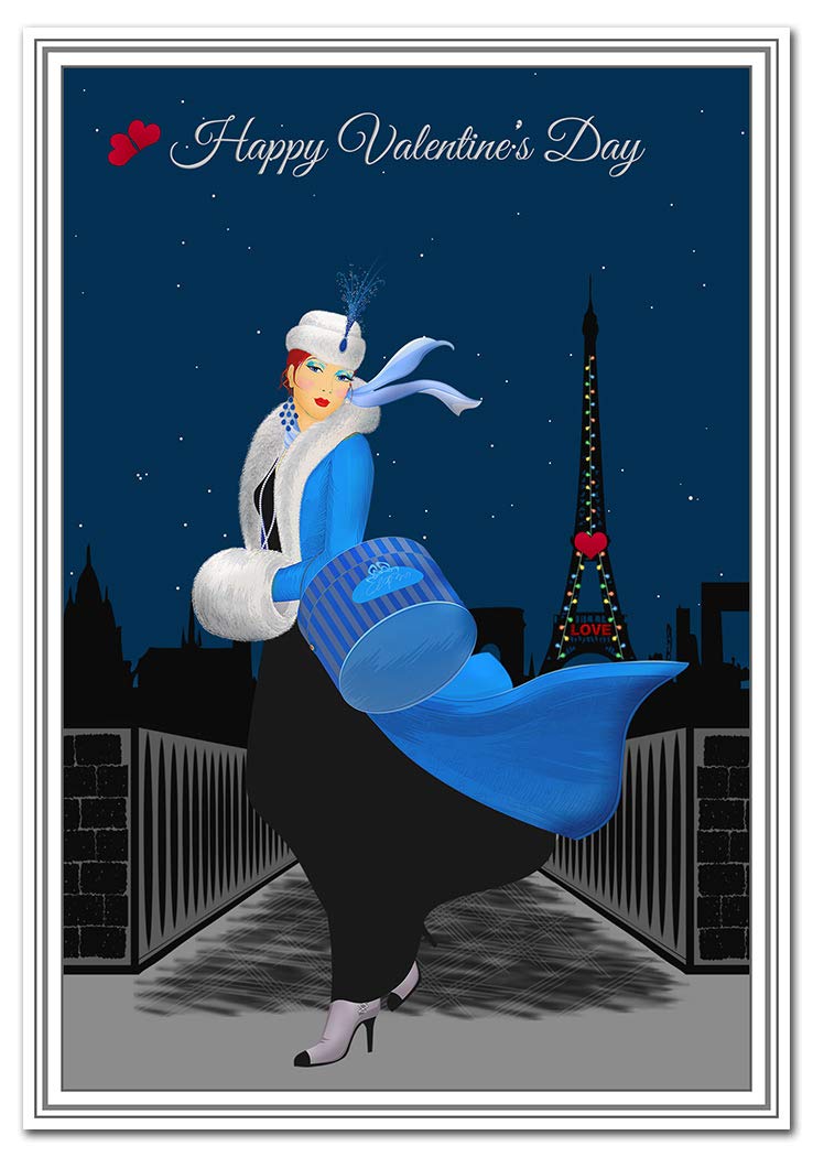 Valentine Card - Art Deco Paris - Romantic Woman - Happy Wishes of Love for Special Day - Unusual Beautiful Girl - A5 size - Blank inside for own message - Eco-Friendly - Made in UK