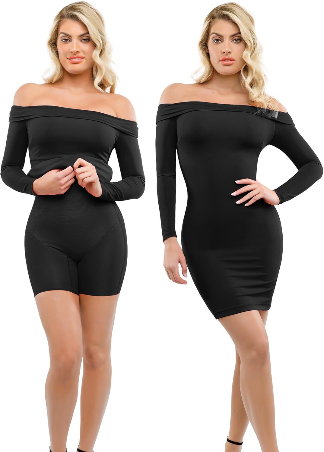 Popilush Shapewear Dress Off Shoulder Bodycon Mini Dress with Built in Shapewear Long Sleeve Dresses for Women 2024