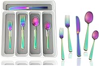 Vista 1 de JASHII Juego de cubiertos con bandeja, juego de cubiertos cuadrados de acero inoxidable de 20 piezas para 4, acabado mate, utensilios de comida