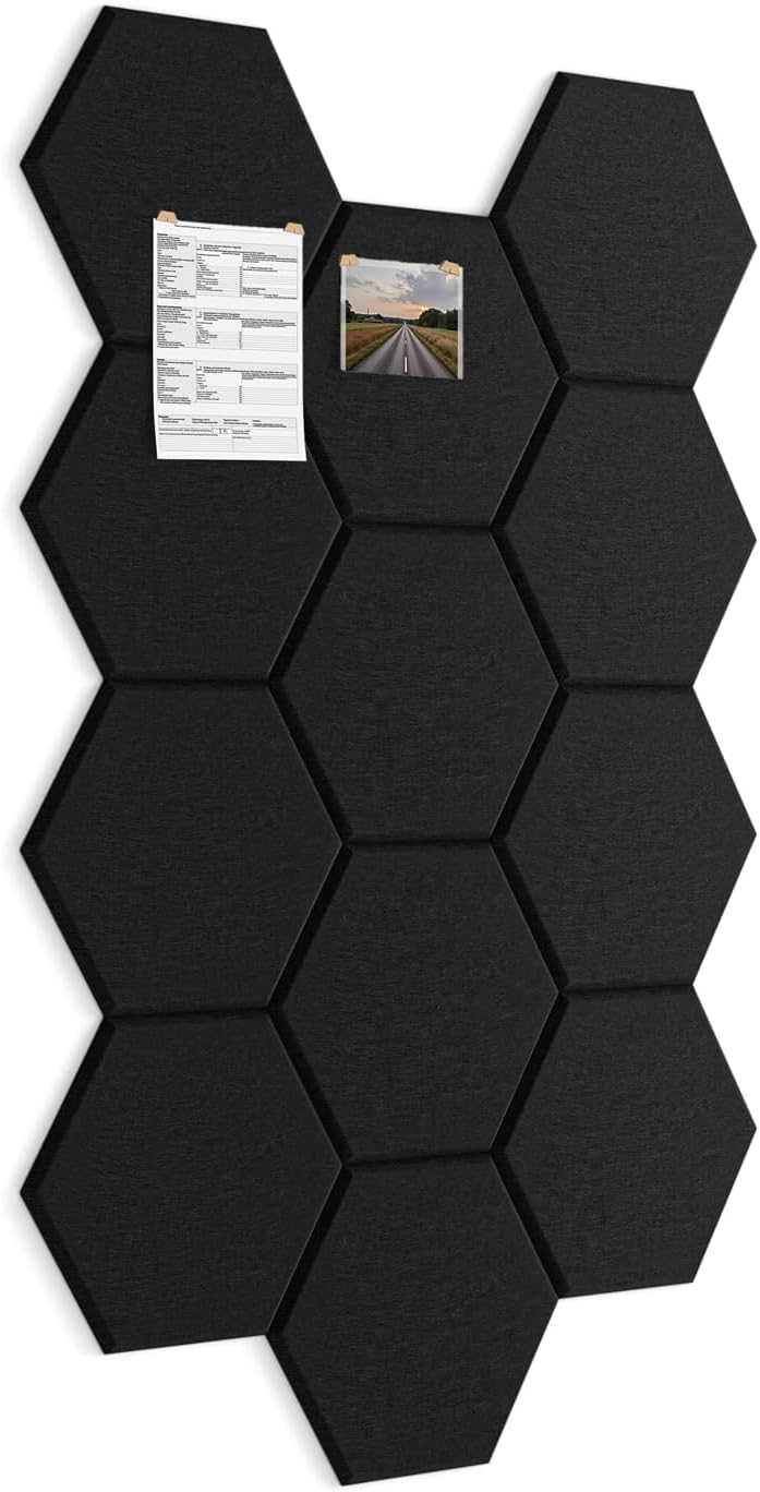 Large Bulletin Board 12" x 10", 12 Pack Blcak Cork Boards for Walls, Self-Adhesive Hexagon Felt Pushpins Wall Tiles, Display for Messages, DIY Notice, Photo Decorations, Classroom, Office, Bedroom