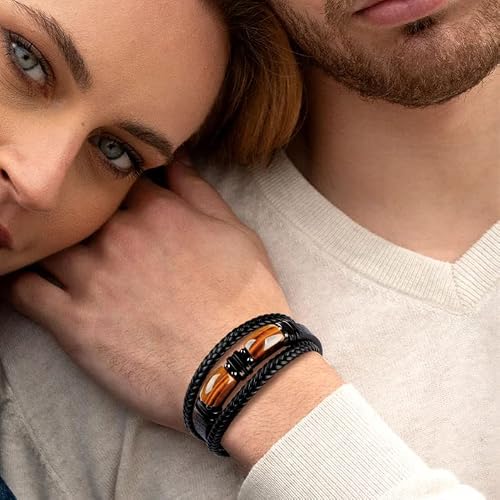 JoycuFF Gifts for Son from Mom Black Leather Bracelets for Son Birthday Love You Forever Tigers Eye Stones Mens Bracelet Anniversary Graduation Jewelry