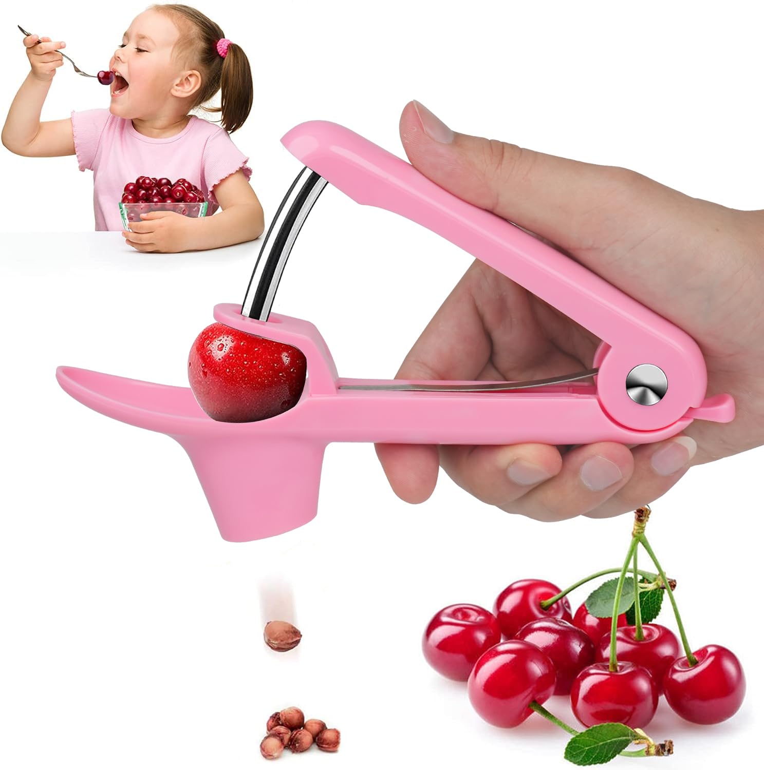 Cherry Pitter Tool, Cherry Stone Remover, Cherry Corer, Pink, ABS Plastic & Stainless Steel Handle