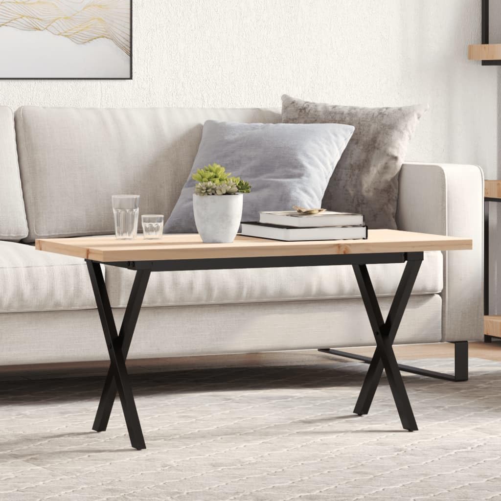 Table basse en X pin massif et acier style industriel moderne chic pour salon