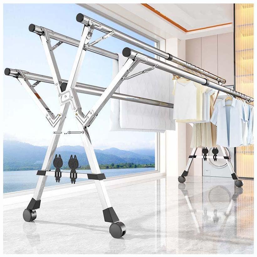 Amunpitic Tendedero de Calcetines de Acero Inoxidable 200cm/79in, Tendales de Ropa Plegable con Ruedas, Tendedero De Ropa para Exterior Limpieza fácil, para Calcetines, sábanas, Ropa