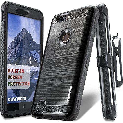 COVRWARE [Iron Tank] case compatible with ZTE Blade Z Max (Z982)/Sequoia, with Built-in [Screen Protector] Heavy Duty Full-Body Holster Armor [Brushed Metal Texture] Case [Belt Clip][Kickstand], Black