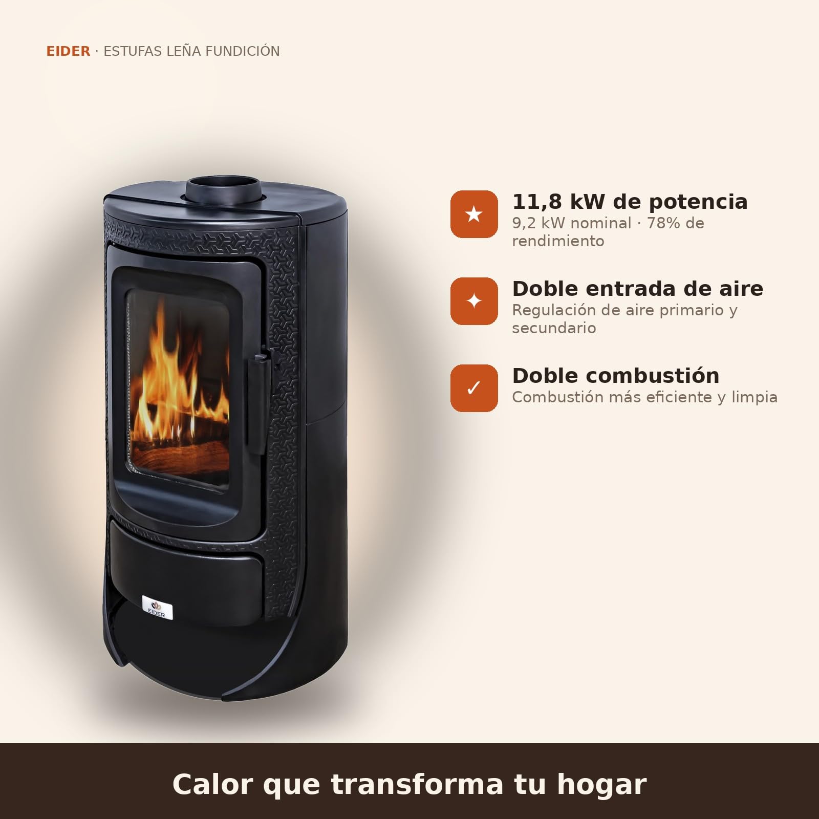 EIDER BIOMASA Estufa de Leña ALTAIR – 11,8 kW – Hierro Fundido – Doble Combustión – hasta 230 m³ – Cristal Panorámico – Calefacción Salón – Certificada CE