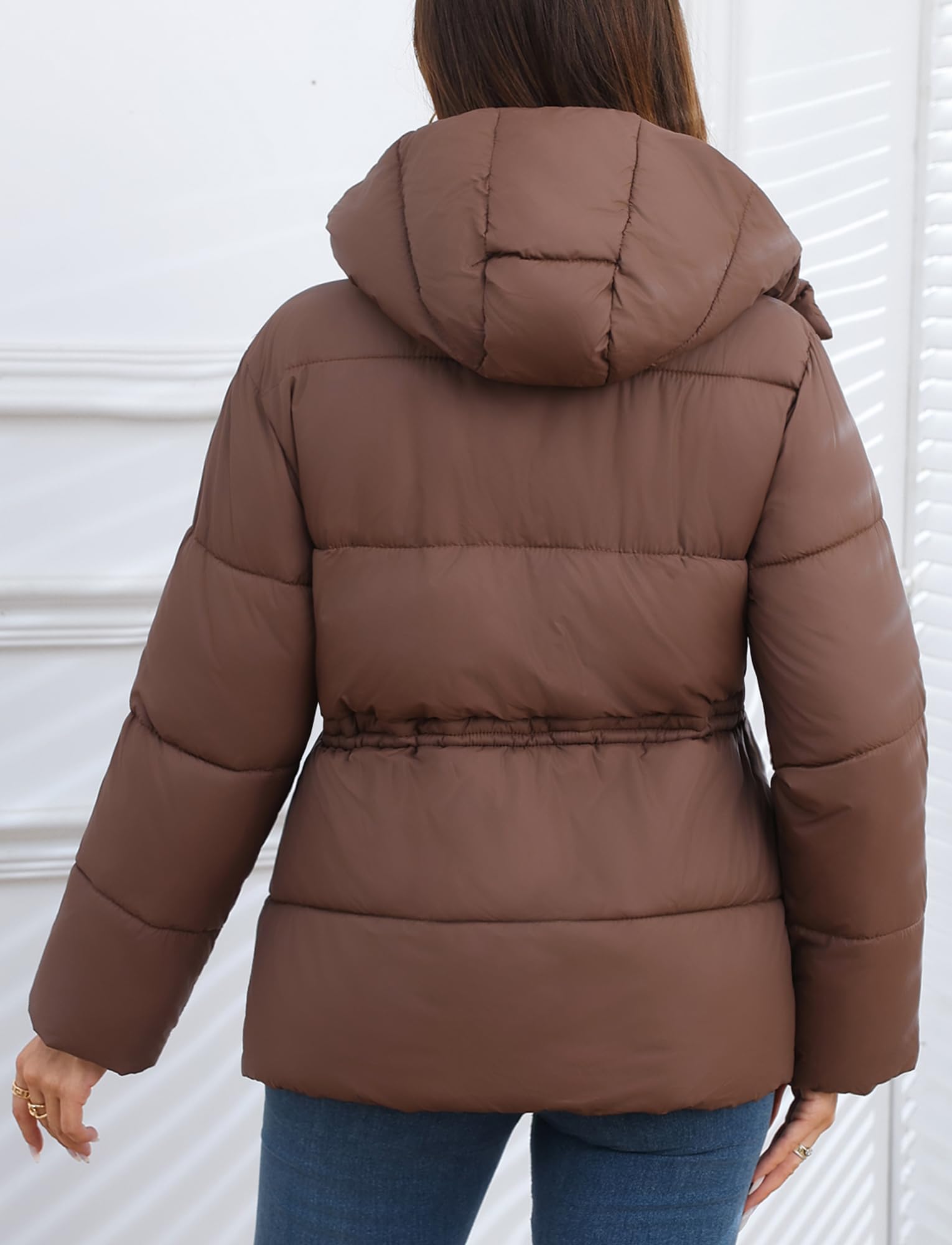 Maeau - Wintermantel Kurzer Kapuze Damen Reißverschluss und Druckknöpfen verstellbaren Kordelzug in der Taille Winterjacke M-3XL