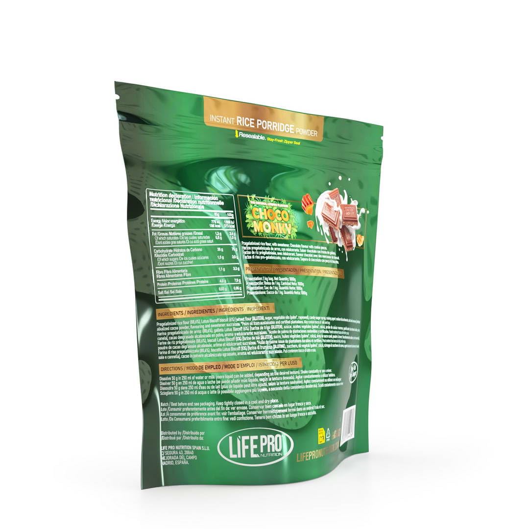 Life Pro Fit Food Tasty Rice Choco Monky 1kg | Harina de Arroz | Suplemento de carbohidratos con un delicioso sabor a galleta caramelizada