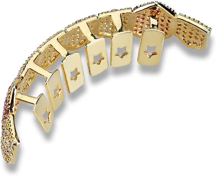 Hip Hop Unisex 18K Gold Plated Iced Out CZ Simulated Diamond Single Row Bottom Teeth Grillz Set for Men Women